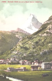 Postcard showing the Swiss village of Zermatt with the snow-capped Mont Cervin (Matterhorn) c. 1911