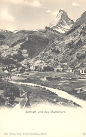 Postcard view of the village of Zermatt and the iconic Matterhorn mountain in the Swiss Alps, c.