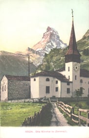 Postcard depicting the Parish Church of St. Mauritius in Zermatt with the Matterhorn, Switzerland