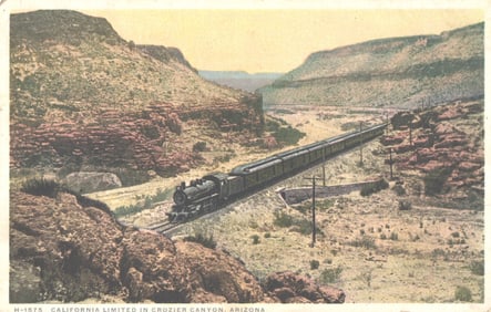 Detroit Publishing Co. Phostint postcard of the Santa Fe California Limited in Crozier Canyon,