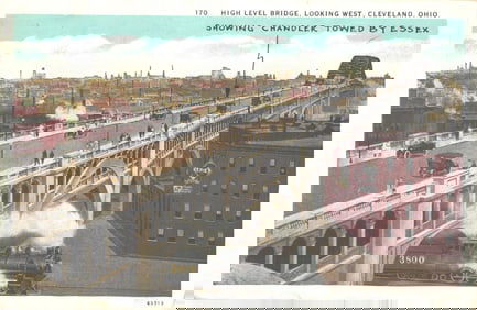Postcard showing the High Level Bridge, looking west, in Cleveland, Ohio. Chandler towed by Essex.