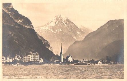 Postcard showing Flüelen, Switzerland on Lake Lucerne with the snow-capped Bristenstock circa 1911.