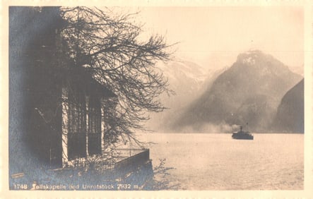 Postcard of Tell's Chapel and the Urirotstock mountain with a steamboat on Lake Lucerne,