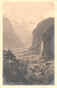 Postcard showing the stunning Lauterbrunnen Valley and Staubbach Falls in the Swiss Alps, circa