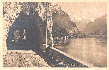 Postcard view from the Axenstraße road tunnel overlooking Lake Lucerne toward Bristenstock