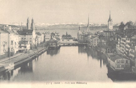 Postcard showing a scenic view of Zurich, Switzerland from Mühlesteg with the Limmat River & Alps.