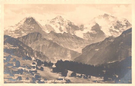 Postcard from Beatenberg showing the Eiger, Mönch, and Jungfrau mountains in the Swiss Alps.