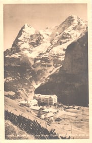 Postcard of Mürren, Switzerland showing the Hôtel des Alpes with Eiger and Mönch mountains circa