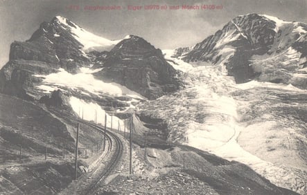 Photoglob Zurich postcard of the Jungfraubahn railway, Eiger & Mönch mountains, Switzerland c. 1911