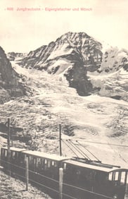 Postcard showing the Jungfrau Railway train with the Eigergletscher and Mönch in the Swiss Alps
