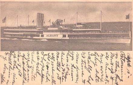 Postcard of the Hudson River Day Line side-wheel steamer ALBANY, crowded with passengers c. 1910