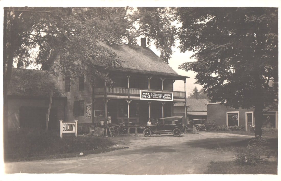RPPC Real Photo Postcard of C. Provost General Merchandise & Post Office with old cars, Ascutney,: Please view photos for further description and condition considerations. Please know the scans may be darker or lighter than the actual item's true appearance. ACME Auctions offers FREE DOMESTIC SHIPP