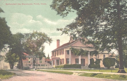 Early 1900s postcard featuring the historic Saltonstall Inn on a tree-lined street in Warehouse