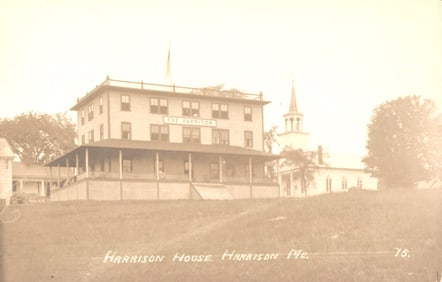 RPPC Real Photo Postcard of The Harrison House Hotel with Church Steeple in Harrison, Maine c. 1910s