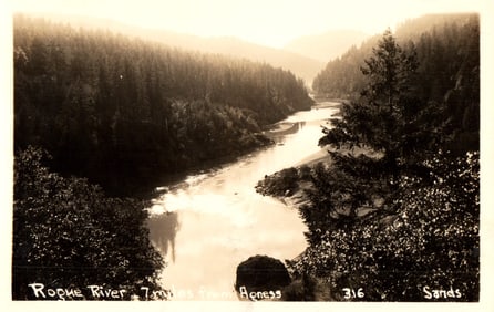 RPPC Real Photo Postcard showing the scenic Rogue River valley, 7 miles from Agness, Oregon c.1920s.