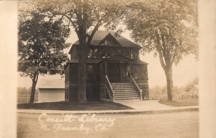 RPPC Real Photo Postcard of the Cossitt Library building in North Granby, Connecticut, c. 1910s.