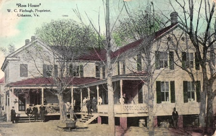 Postcard showing the Ross House with proprietor W. C. Fitzhugh, people on porch, Urbanna, VA 1909
