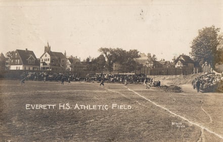 RPPC Real Photo Postcard of the Everett H.S. Athletic Field during a baseball game, Everett, Mass.