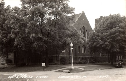 RPPC Real Photo Postcard of the United Presbyterian Church in Washington, Iowa, street corner view.