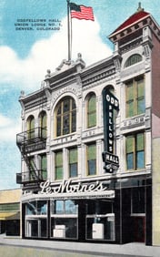 Postcard view of the landmark Oddfellows Hall, Union Lodge No. 1 in downtown Denver, Colorado, c.