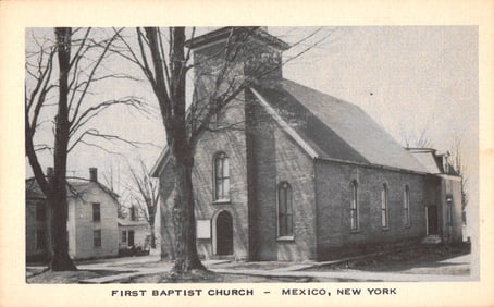 Postcard depicting the First Baptist Church with adjacent buildings in Mexico, New York c. 1930s