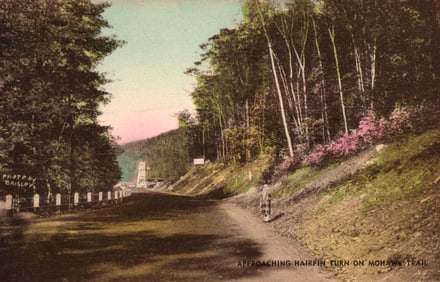 Hand Colored Postcard Approaching Hairpin Turn on Mohawk Trail, Massachusetts roadway scene c. 1920s