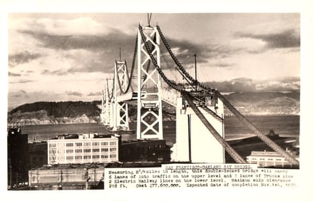 RPPC photo postcard of the San Francisco-Oakland Bay Bridge under construction, California c. 1936