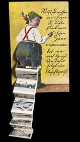 Novelty mechanical pull-out postcard of German boy with leporello views of Friedrichshafen, Germany.