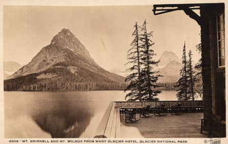 Postcard view of Mt. Grinnell and Mt. Wilbur from the Many Glacier Hotel in Glacier National Park