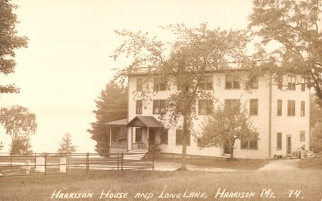 RPPC Real Photo Postcard of the Harrison House and Long Lake in Harrison, Maine, circa 1910s.