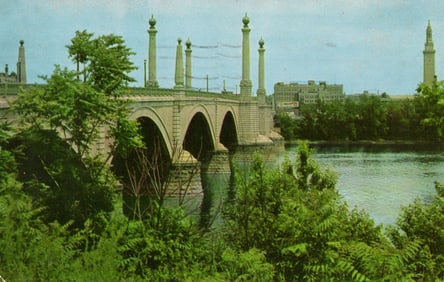 Postcard showing the arched Memorial Bridge over the Connecticut River in Springfield, MA circa
