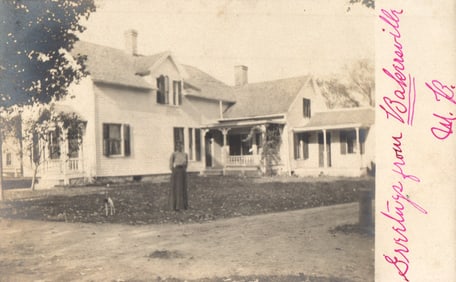 RPPC Real Photo Postcard of a woman and dog at a large home in Bakersville, New Hartford, CT 1905