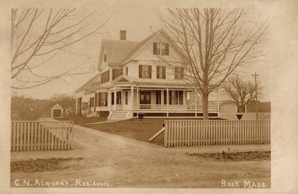Real Photo Postcard of the C.N. Atwood Residence with a large porch in Rock, Massachusetts 1906