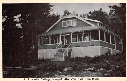 RPPC Real Photo Postcard of L. F. Hart's Cottage, Kamp-Tu-Kum-Tu, lakeside home, East Otis, Mass.