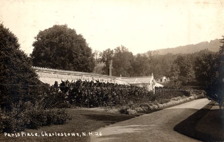 RPPC Real Photo Postcard of the large greenhouses and garden path at Paris Place in Charlestown, NH