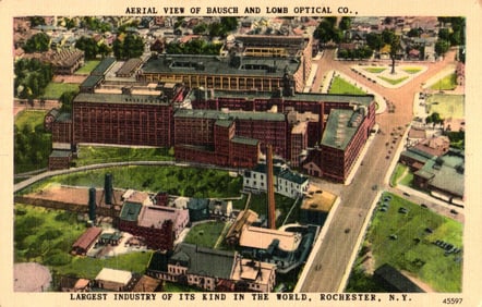 Aerial view postcard of the Bausch and Lomb Optical Co., a large factory in Rochester, NY c. 1940s.