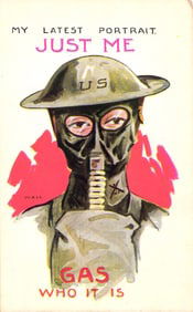WWI postcard featuring US Army soldier in gas mask and Brodie helmet by artist Wall. Humorous pun.