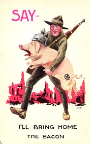 WWI era patriotic postcard of American Doughboy soldier carrying a German pig with a Pickelhaube