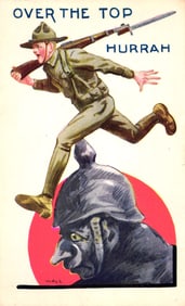 WWI patriotic postcard by artist Wall showing an American Doughboy charging 'Over the Top' of a