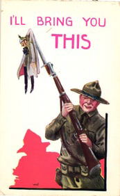WWI era propaganda postcard depicting a US Doughboy soldier holding the German Kaiser on his