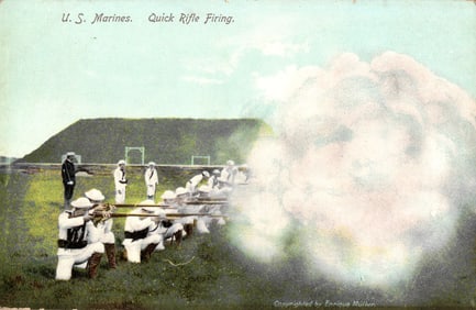 U.S. Marines postcard shows soldiers in white uniforms at a firing range for Quick Rifle Firing.