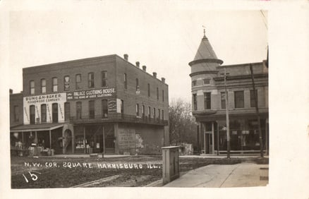 RPPC Real Photo Postcard of Harrisburg, Illinois, N.W. Corner of Square, street view circa 1910s.
