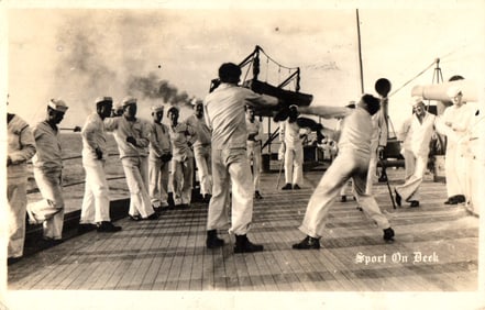 RPPC Real Photo Postcard of US Navy Sailors Sparring on Ship Deck, "Sport On Deck" view, circa 1919