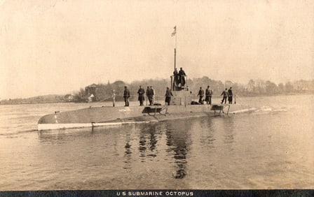 RPPC Real Photo Postcard of the U.S. Submarine Octopus with its crew on deck, a pre-WWI naval scene.