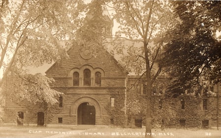 RPPC postcard of the ivy-covered stone Clapp Memorial Library in Belchertown, Massachusetts c1910s