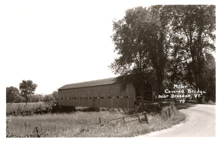 RPPC Real Photo Postcard showing the historic Miller Covered Bridge near Brandon, Vermont c. 1950s