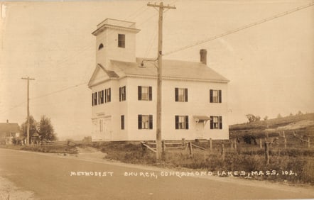RPPC Real Photo Postcard showing the Methodist Church roadside view in Congamond Lakes, MA c.1910s
