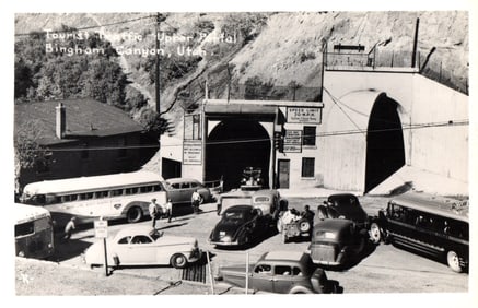RPPC Real Photo Postcard of tourist traffic at the Lafayette Young Tunnel, Bingham Canyon, Utah
