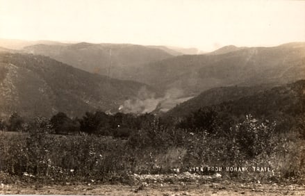 RPPC Real Photo Postcard showing a scenic valley view from the historic Mohawk Trail, Massachusetts.