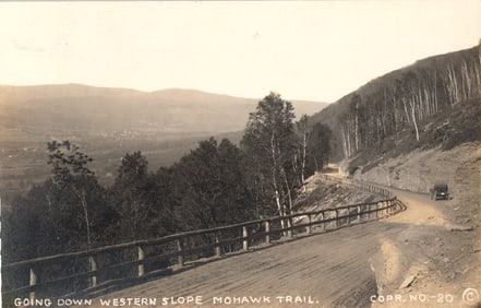RPPC Real Photo Postcard of an early car on the Western Slope of the Mohawk Trail, North Adams, MA